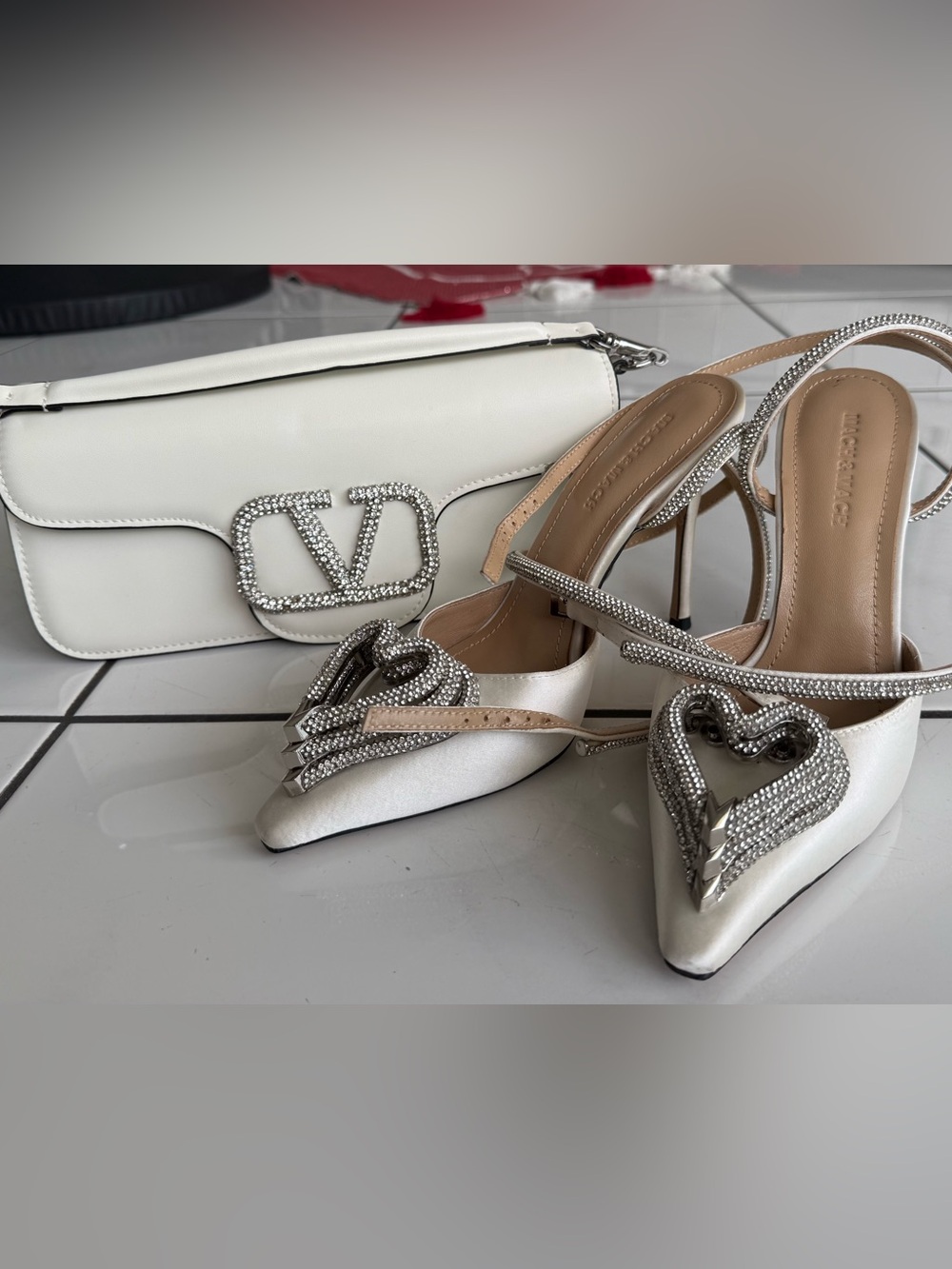Elegant White Satin Mach & Mach shoes with matching bag